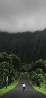 Man running on green road towards foggy mountains.