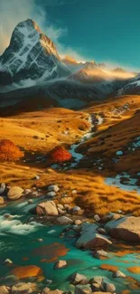 A serene landscape of a mountain with a flowing stream and autumn colors.