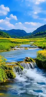 Scenic view of a mountain stream flowing through vibrant landscape.