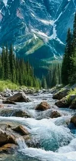Mountain stream with lush green forest and peaks.