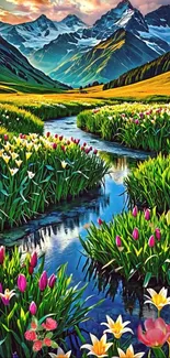 Serene mountain landscape with colorful flowers and a reflective stream.