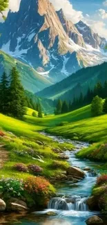 Serene mountain stream flowing through lush greenery under a bright sky.