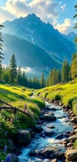 Serene mountain stream flowing through lush green landscape with towering peaks.