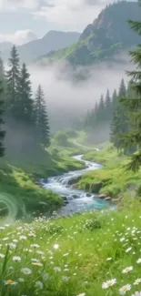 Mountain stream with lush greenery and flowers.