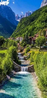 Mountain stream with lush greenery and vibrant landscape.