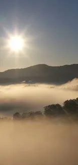 Serene sunrise over misty mountains with golden hues.