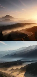 Serene sunrise over misty mountains with winding roads and golden light.