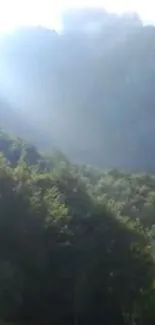 Scenic mountain sunrise with green valleys.