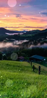 Mobile wallpaper of a serene mountain sunrise with vivid colors and lush greenery.