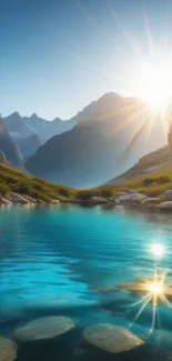 Serene mountain sunrise reflecting in clear blue water.