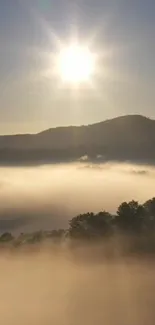 Sunrise over misty mountains creating a serene and peaceful ambiance.