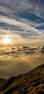 Stunning mountain sunrise above the clouds with a serene sky.