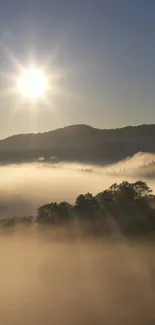 Serene mountain sunrise with misty valleys.