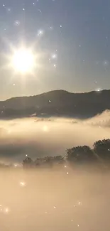 Sunrise over misty mountains with glowing sun and soft light.