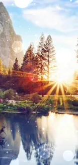 Serene mountain sunrise with pine trees and a reflective lake.