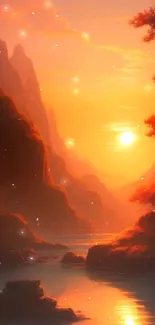 Serene sunset over a mountain landscape with a glowing orange sky.