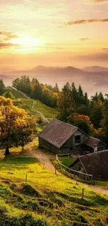 Serene mountain sunset with rustic cabins and lush greenery.