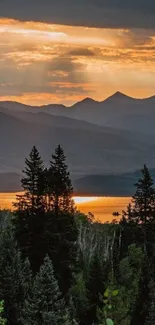 Mobile wallpaper of a sunset over mountains and forest with orange sky.