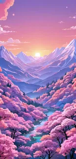 A serene mountain sunset with pink blossoms and pastel colors.