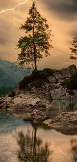 Sunset over serene mountain lake with reflections and trees.