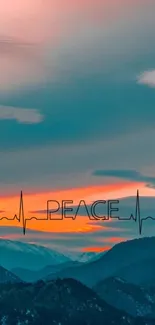 Peaceful sunset mountain wallpaper with heartbeat design.