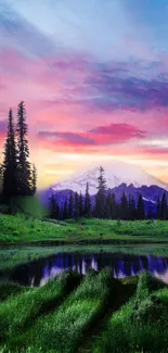 Mountain sunset with lake and trees under colorful sky.