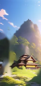 Anime-inspired serene mountain temple view.