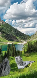 Serene landscape with a white tiger in a mountainous green valley.