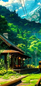 Vibrant mountain train station wallpaper
