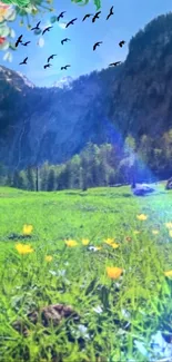 A serene mountain landscape with green fields and yellow wildflowers.