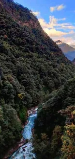 Beautiful mountain valley landscape with lush forests and a flowing river.