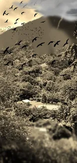 Sepia-toned wallpaper of mountains with birds and lush greenery.