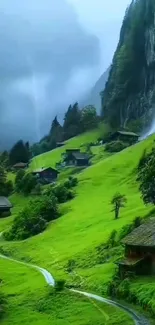Beautiful green mountain village with waterfall.