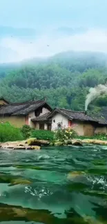 Serene village by lush mountains with calming green waters.