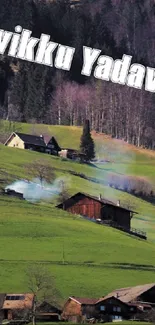 Serene mountain village with cabins and green hills.