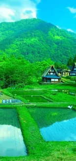 Serene village landscape with vibrant green hues and mountains.