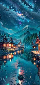 Serene village under starlit sky with mountain view.