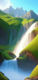 Vibrant green mountain landscape with cascading waterfalls in sunlight.