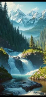 Majestic mountain waterfall with lush green forest and snowy peaks.