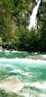 Serene mountain waterfall with lush green surroundings.