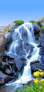 A waterfall flows down a rocky mountain surrounded by greenery and yellow flowers.
