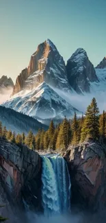 A serene mountain waterfall with snow-capped peaks and evergreen trees.