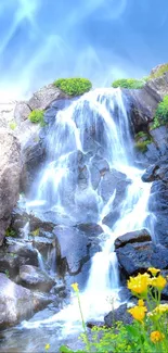 Cascading waterfall with wildflowers and rocks under a sky blue backdrop.