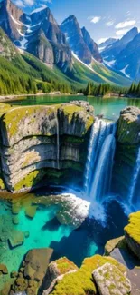 Majestic waterfall with mountain background and lush greenery.