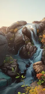 Tranquil waterfall amidst rocky mountains and greenery.