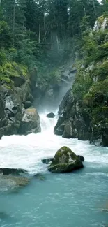 A beautiful serene mountain waterfall with lush greenery surrounding it.