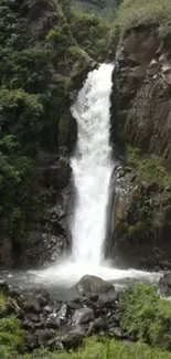 Serene mountain waterfall amidst lush greenery.