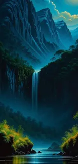 Mountainous waterfall landscape under moonlit sky.