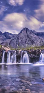 Serene mountain landscape with waterfall under a vibrant purple sky.