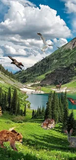 Mountains with wildlife and butterflies, lush greenery and serene lake.